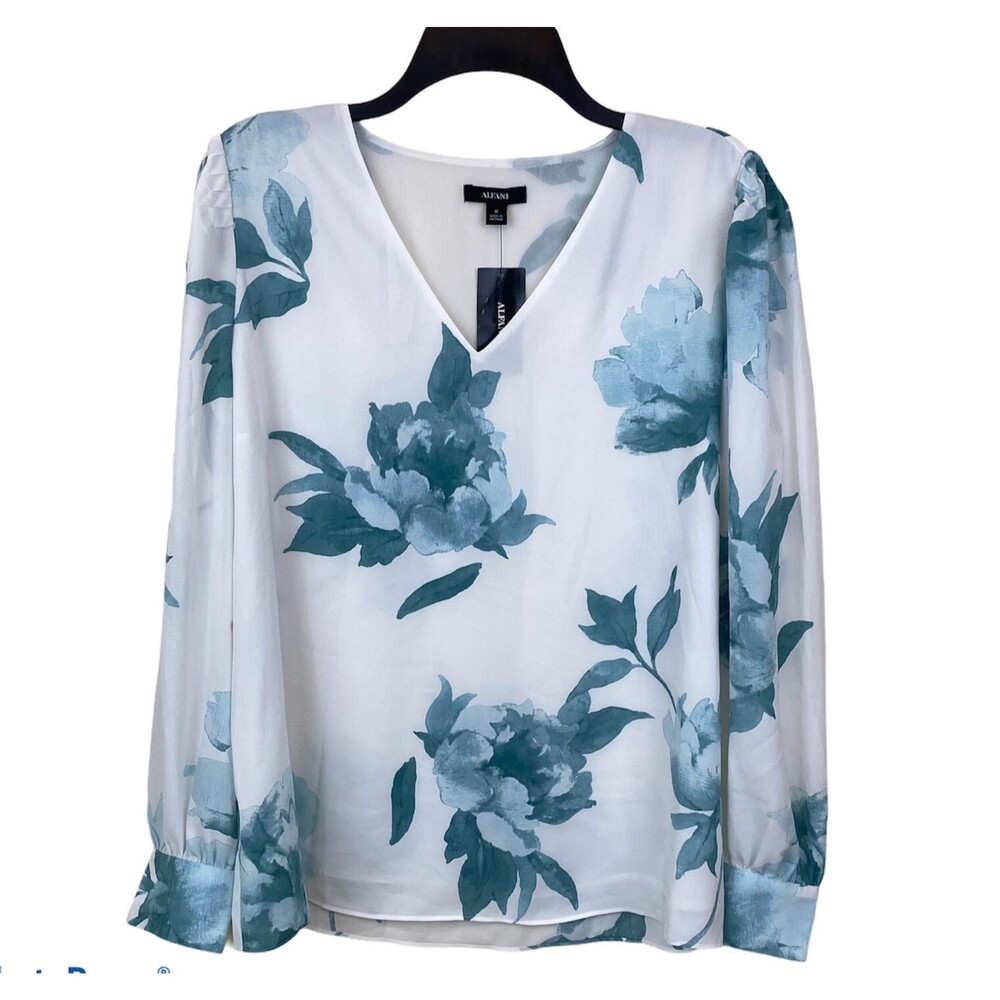 Alfani Floral Top Blouse Medium Long Sleeve V-Neck Work Pintuck Shoulder